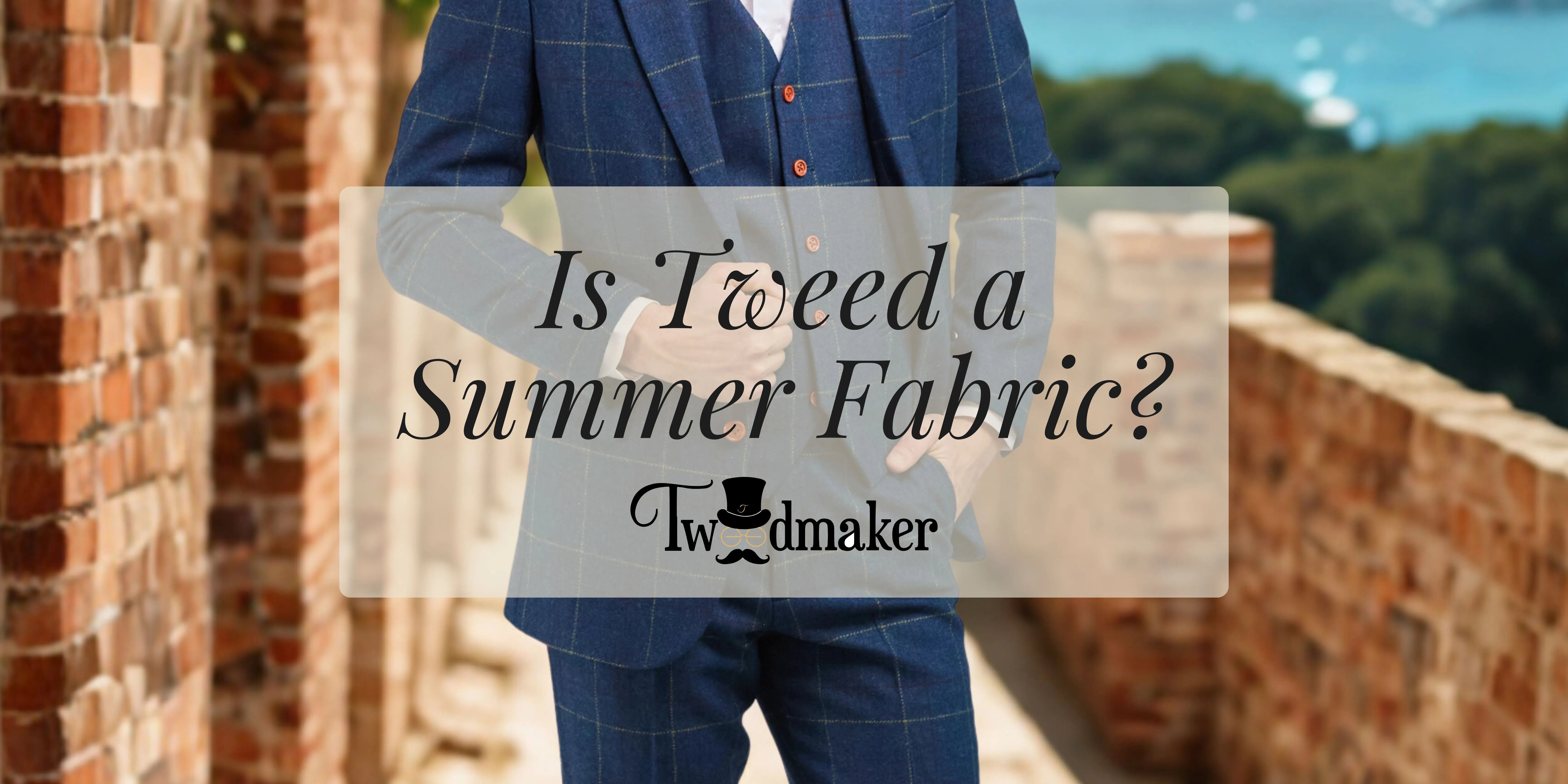 Man wearing a blue tweed suit in summer