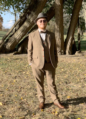 Tweed suit shop with bow tie