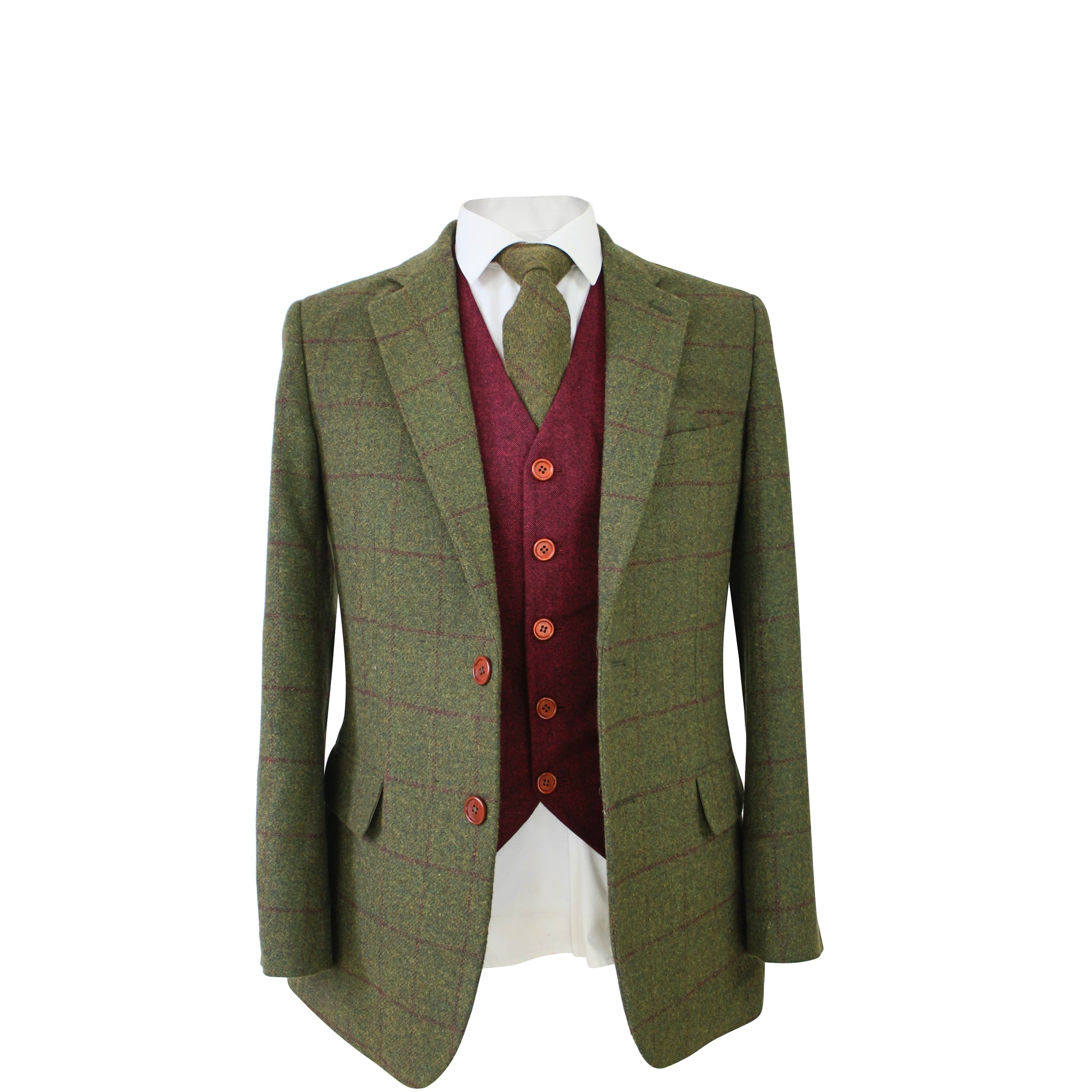Olive Green Check Tweed Jacket & Waistcoat USA Clearance (Red Waistcoat)