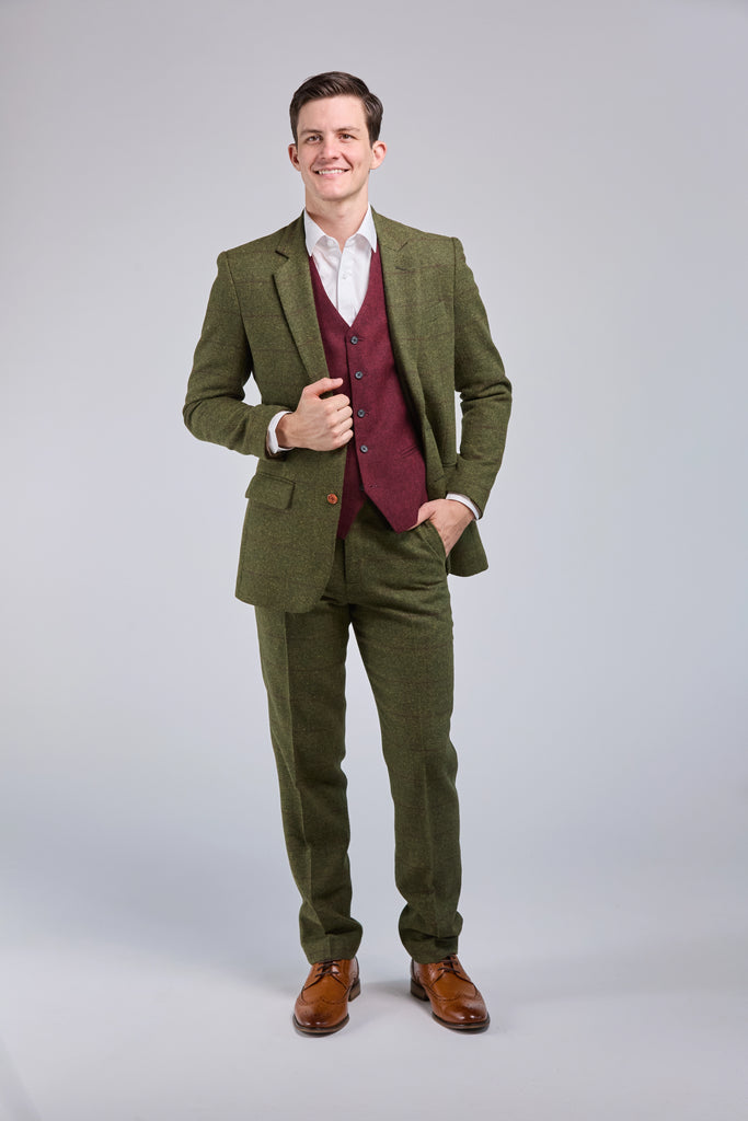 Olive Green Check Tweed 3 Piece Suit