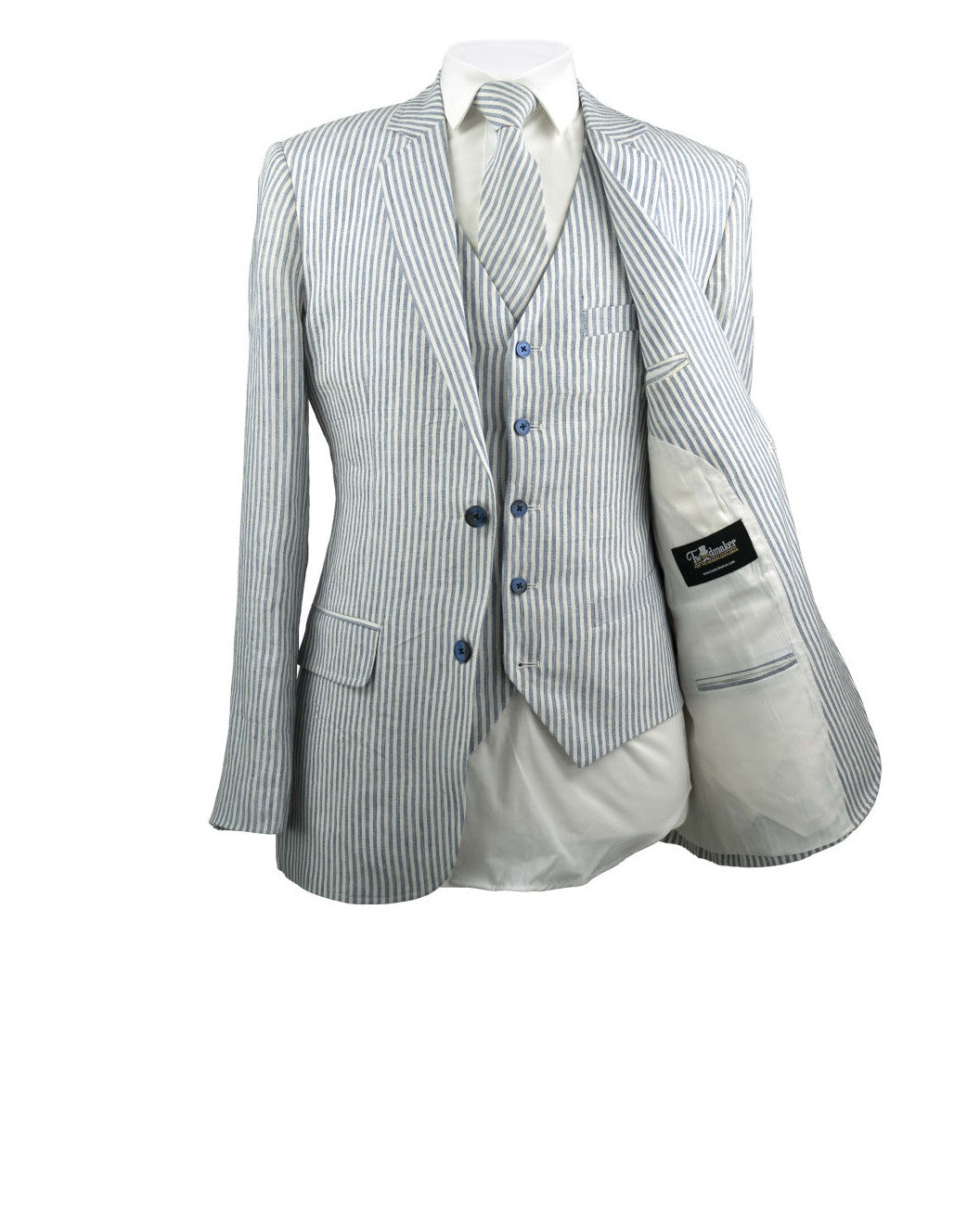 White & Blue Stripe Linen 3 Piece Suit