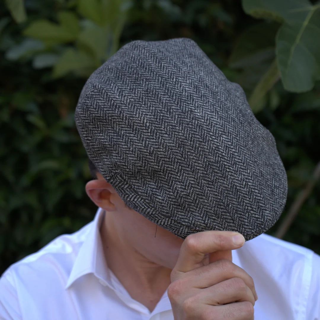 Grey Herringbone 100 Wool Tweed Golfing Ivy Flat Cap Tweedmaker