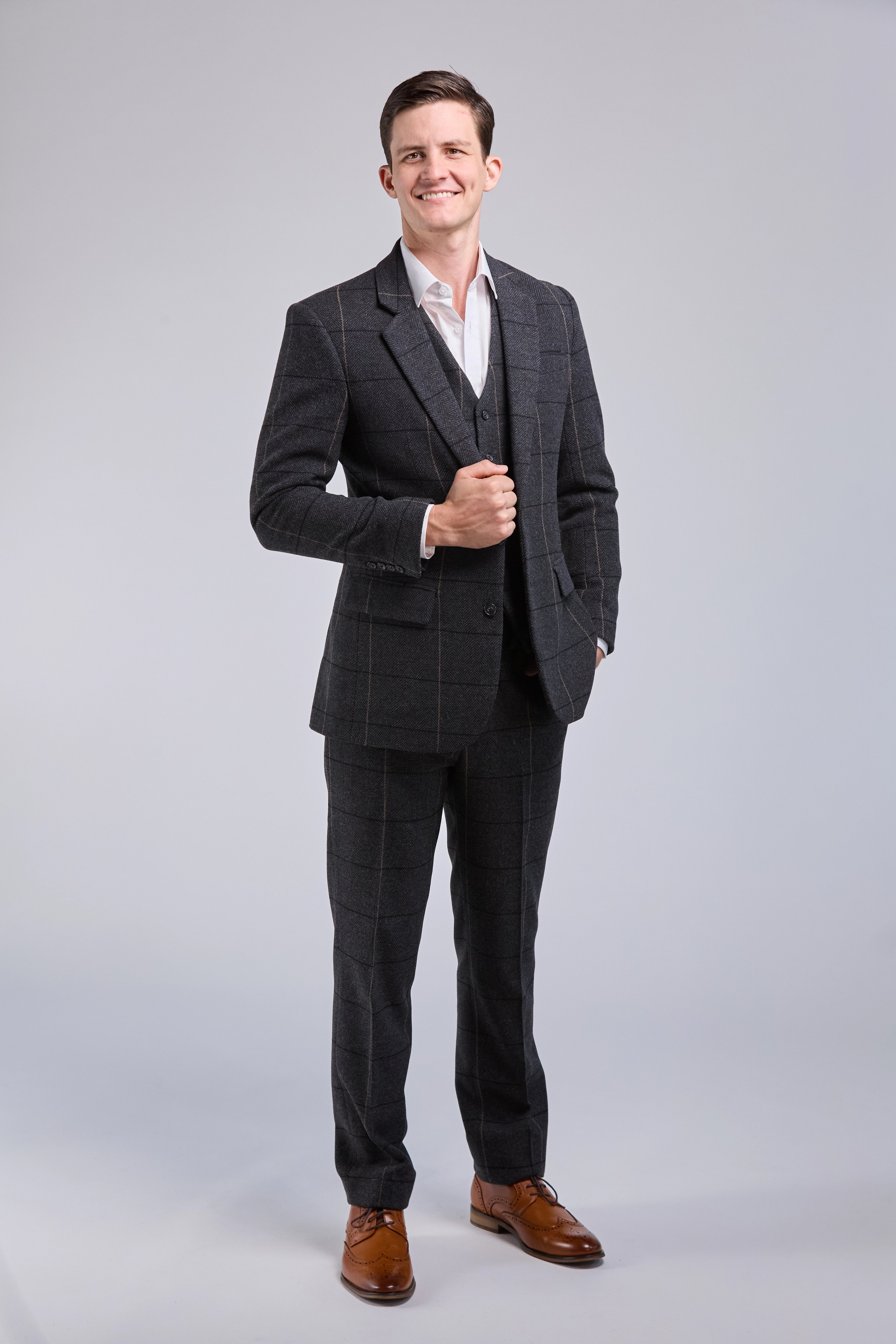 Mens grey tweed 3 piece suit deals