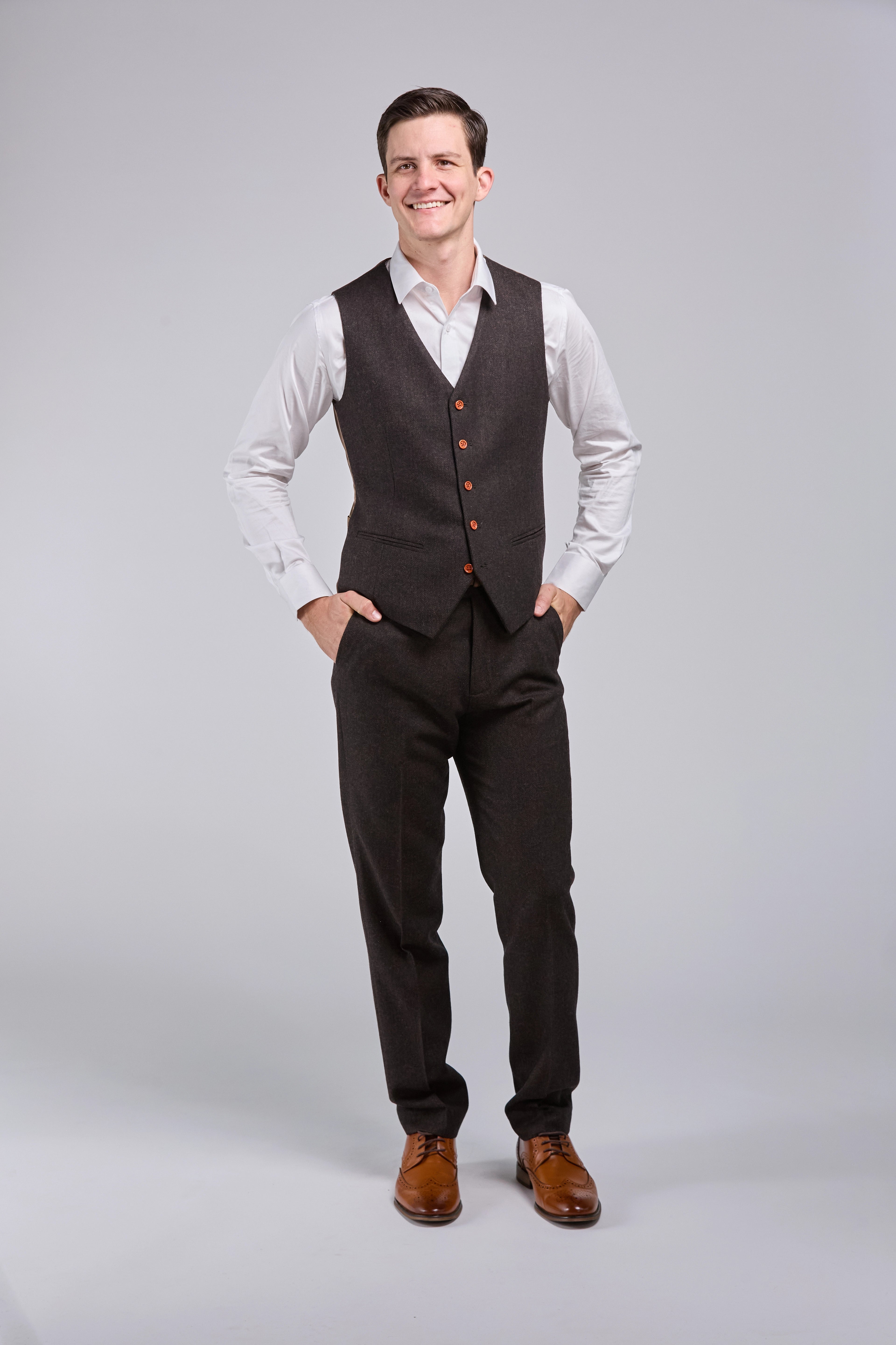 Dark Brown Herringbone Tweed Piece Suit - Main Image