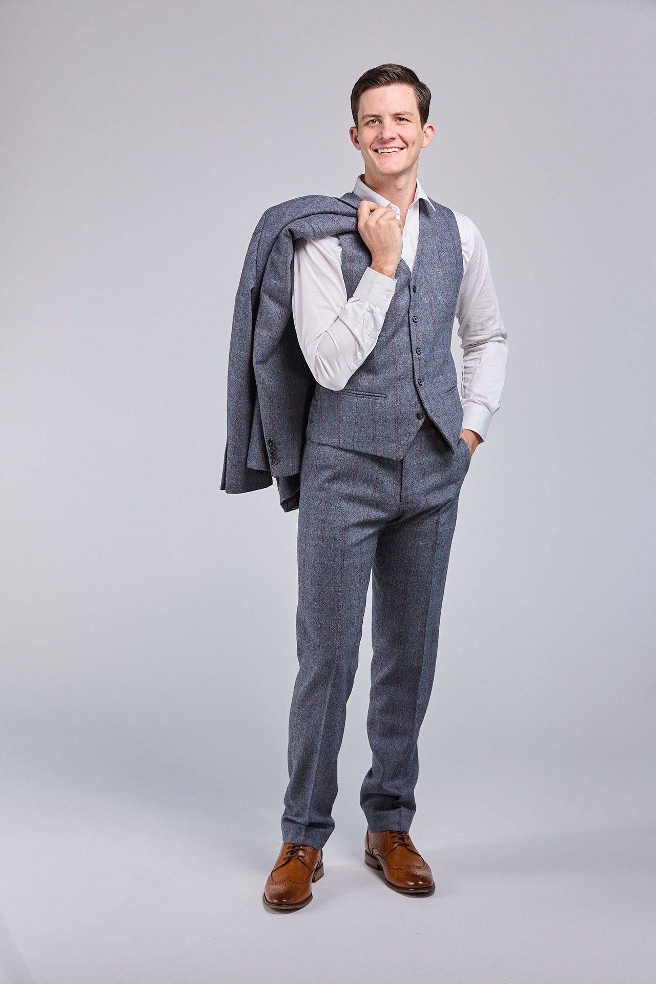 Grey Overcheck Tweed 3 Piece Suit