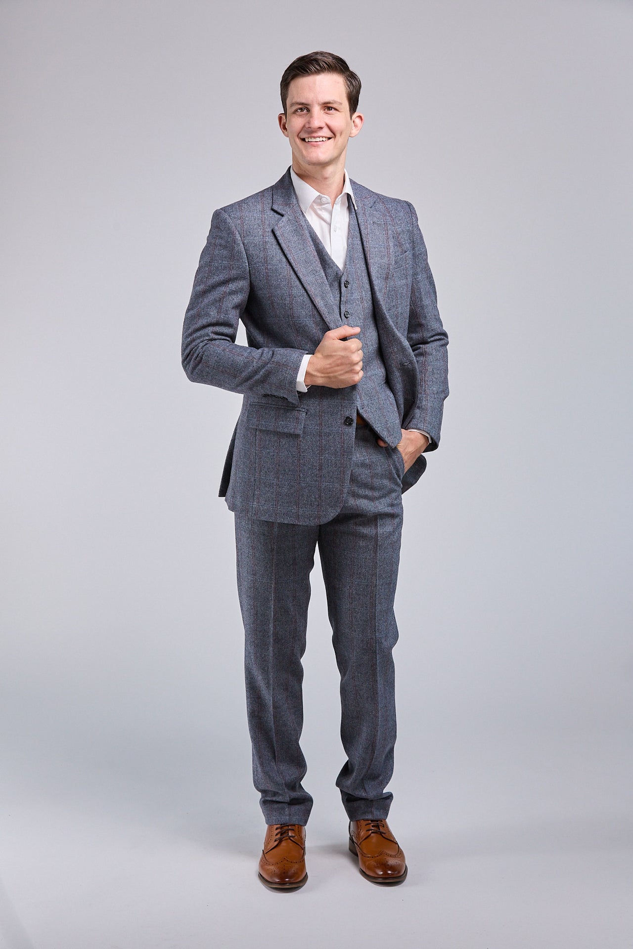 Grey Overcheck Tweed 3 Piece Suit