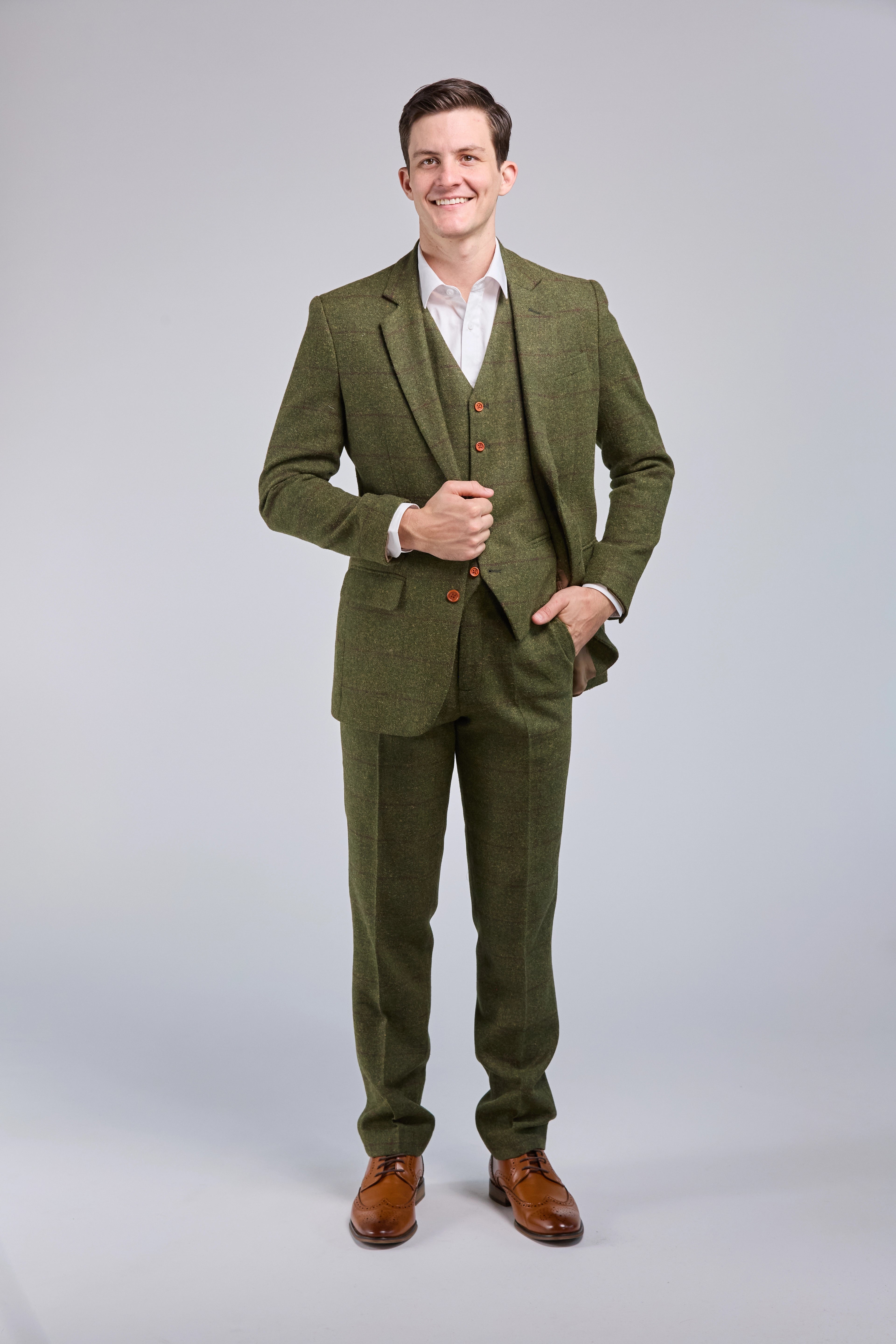 Mens Tweed Suit 3 Piece Suit Olive Green Check Suit