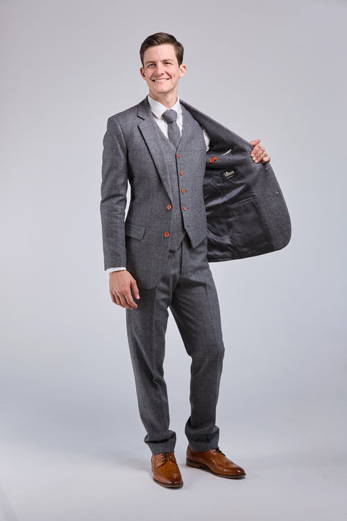 Prince Of Wales Grey Herringbone Tweed - Clearance Stock