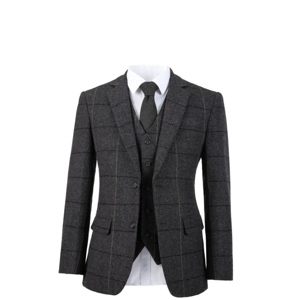 Charcoal Grey Overcheck Tweed 3 Piece Suit Tweedmaker