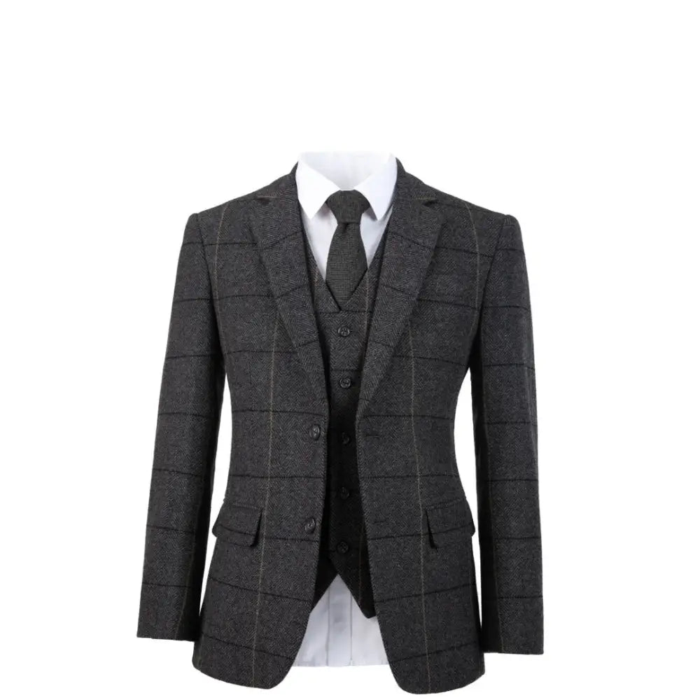 Charcoal Grey Overcheck Tweed Jacket & Waistcoat USA Clearance