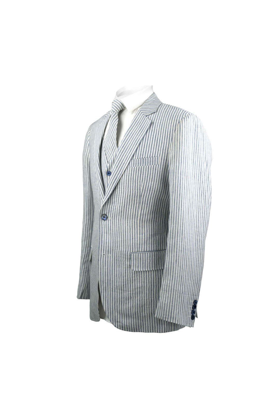 White & Blue Stripe Linen 3 Piece Suit