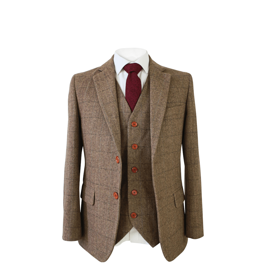 Light Brown Herringbone Tweed Jacket & Waistcoat USA Clearance