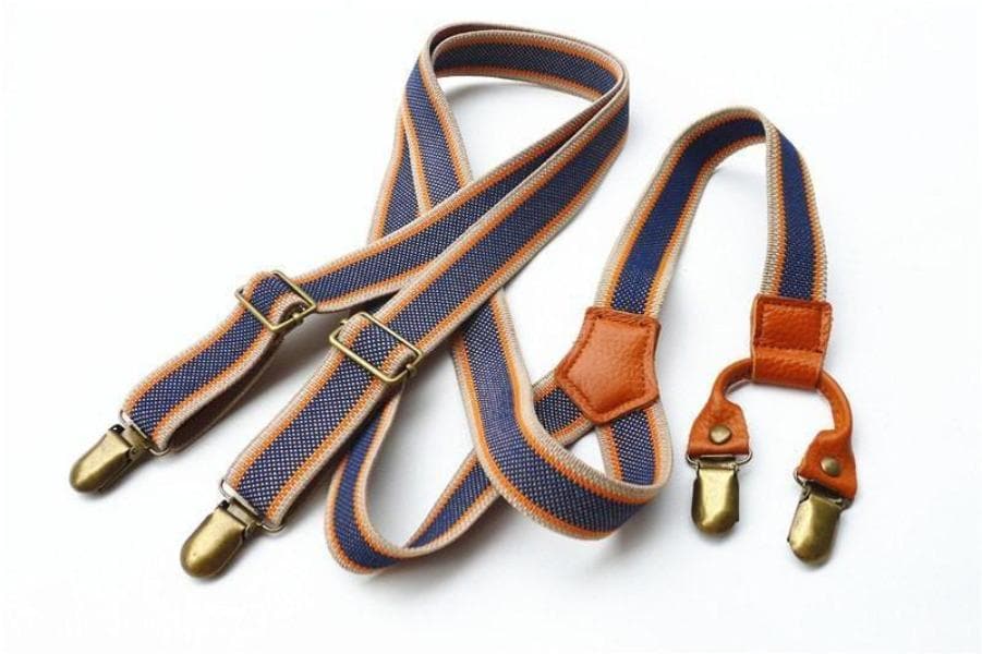 Old-Time Men's Y-Back Leather Button Suspender Braces - Blue/Yellow Stripe